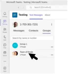 image of select group conversation to begin sending group text in Teams