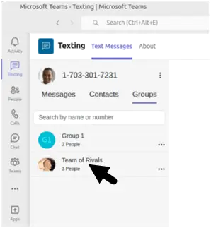 image of select group conversation to begin sending group text in Teams